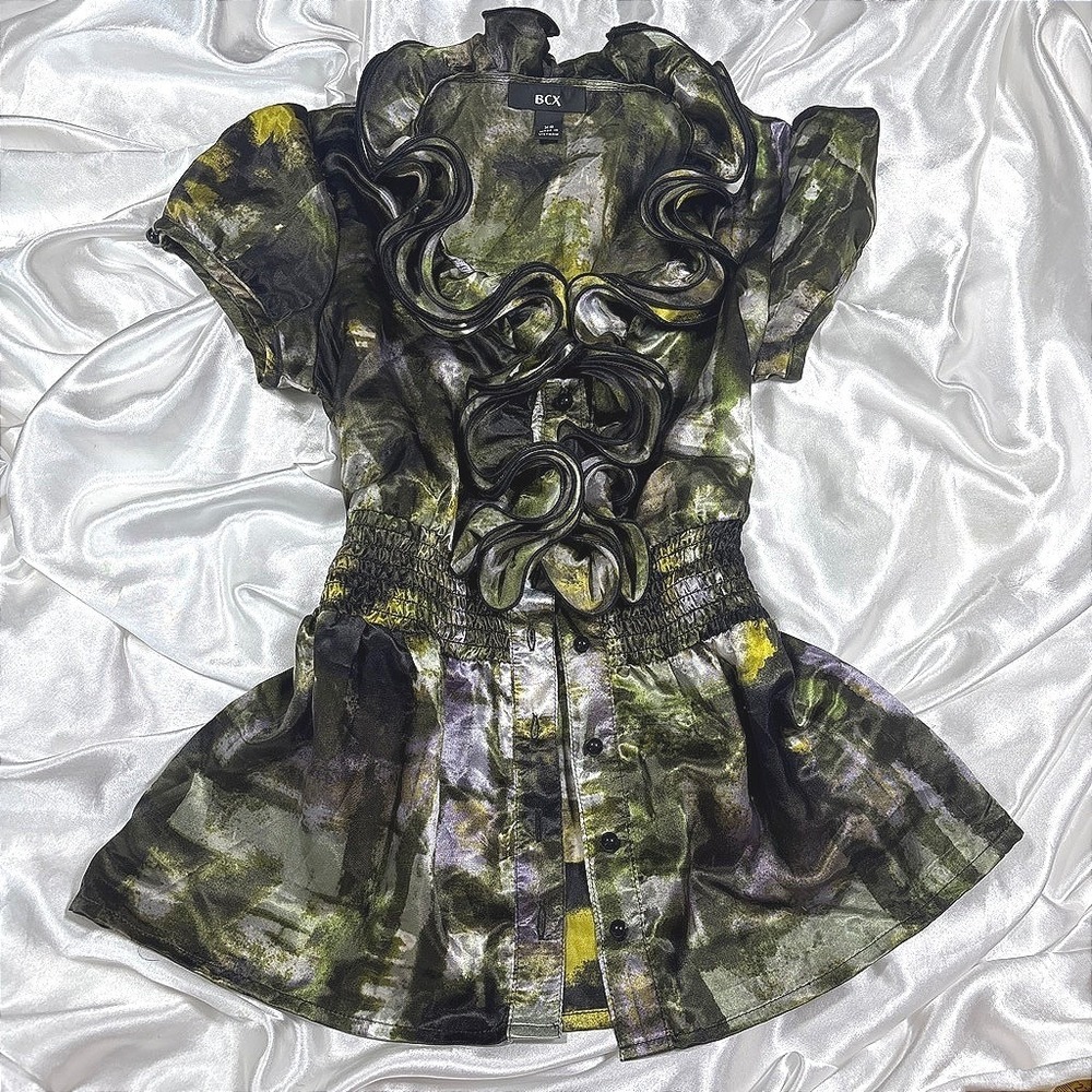 y2k BCX Peplum Blouse Green Purple Excellent Ruffle Smocked Waist Top XS